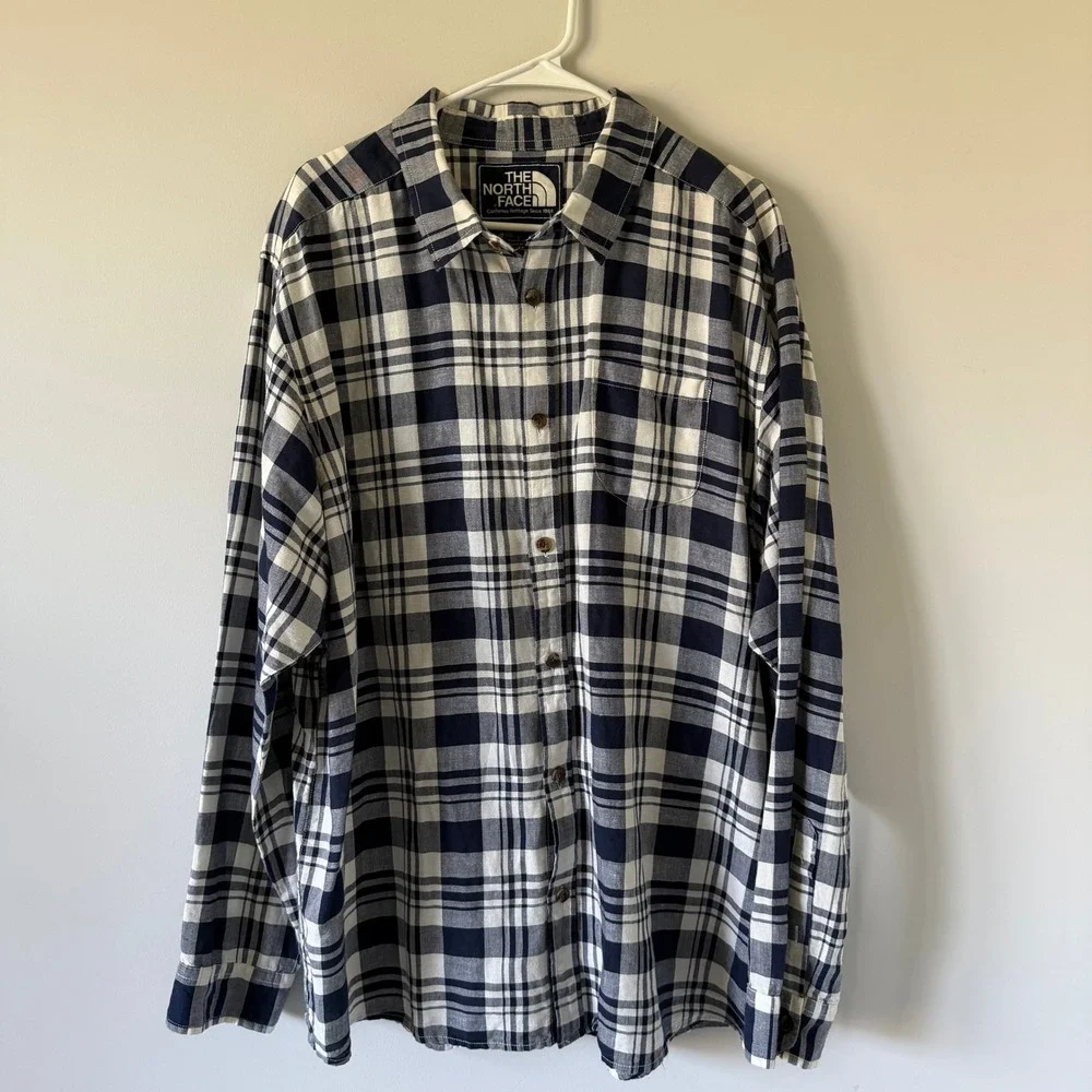 The North Face Mens Heritage Plaid Linen Cotton Button Down Shirt Navy White XXL